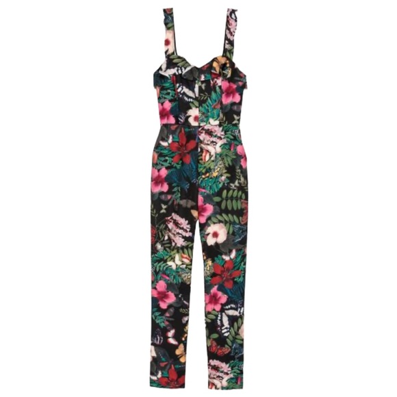 H&m black floral print Hawaiian tropical sleeveless jumpsuit size 14 - Picture 2 of 13